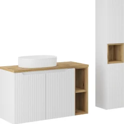 Garnero Arredamenti Mobile Bagno Sospeso-Mobile bagno sospeso cannettato 100cm con lavabo e colonna bianco rovere Cleany