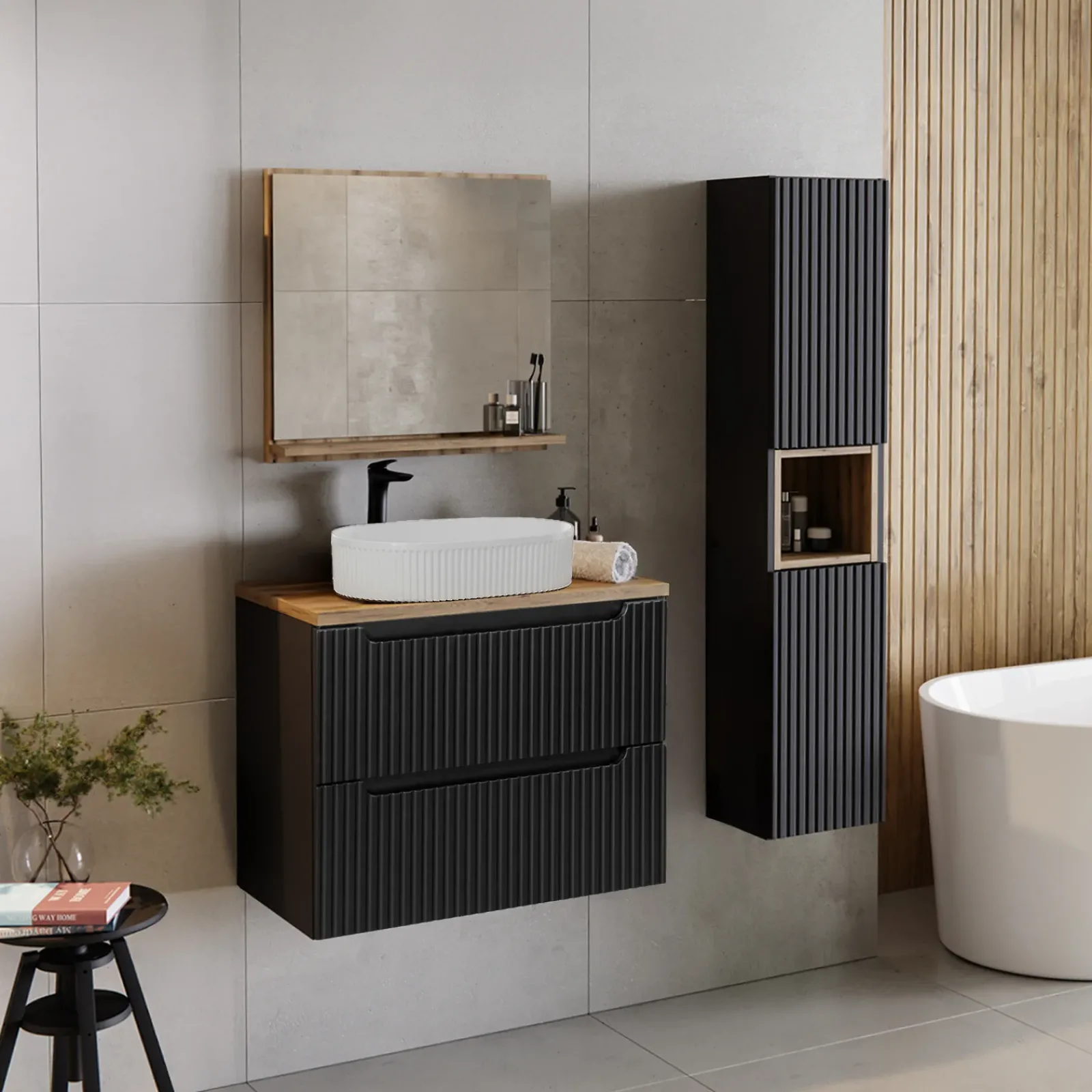 Garnero Arredamenti Mobile Bagno Sospeso-Mobile bagno sospeso cannettato 80cm con lavabo e colonna rovere Cleany Nero