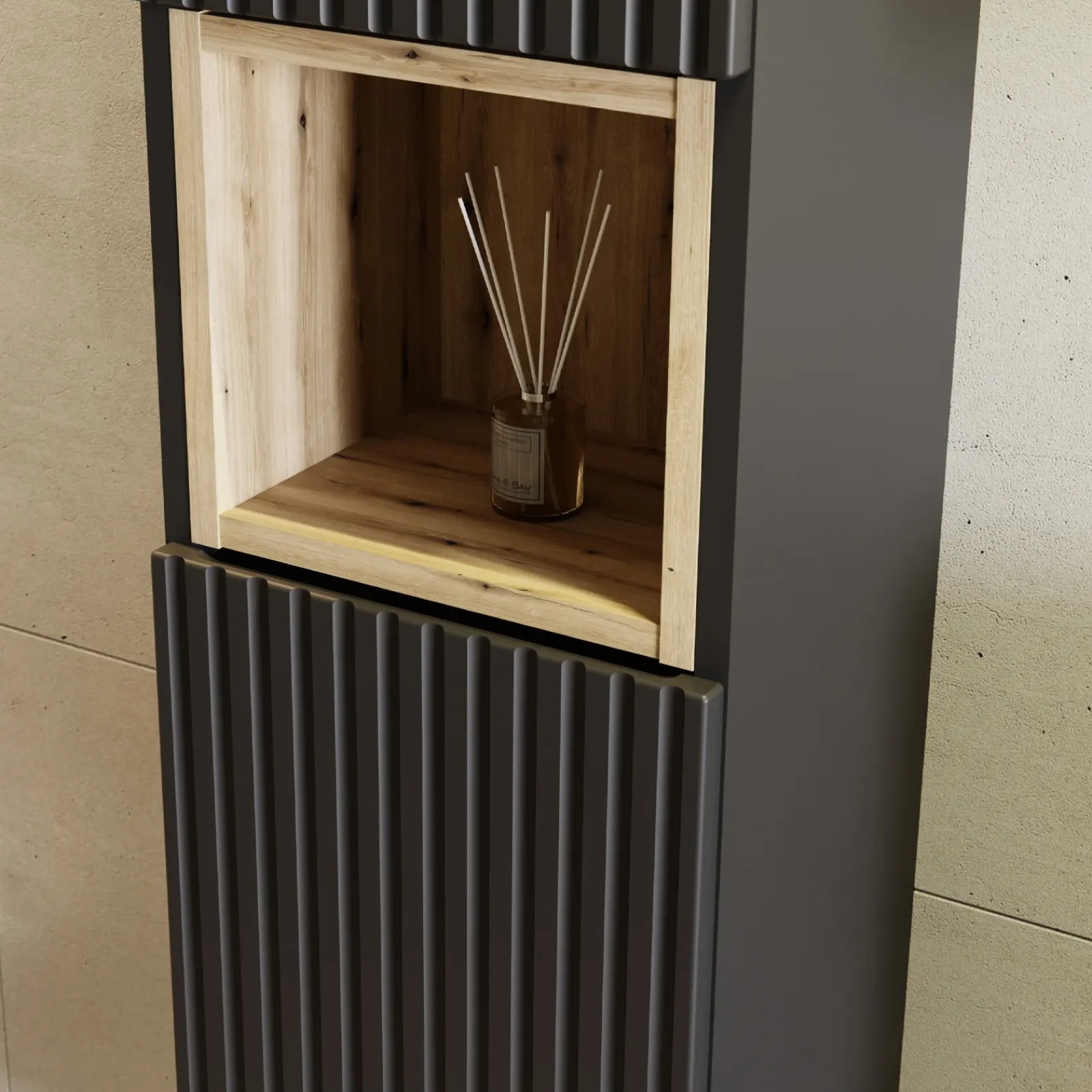 Garnero Arredamenti Mobile Bagno Sospeso-Mobile bagno sospeso cannettato 80cm con lavabo e colonna rovere Cleany Nero