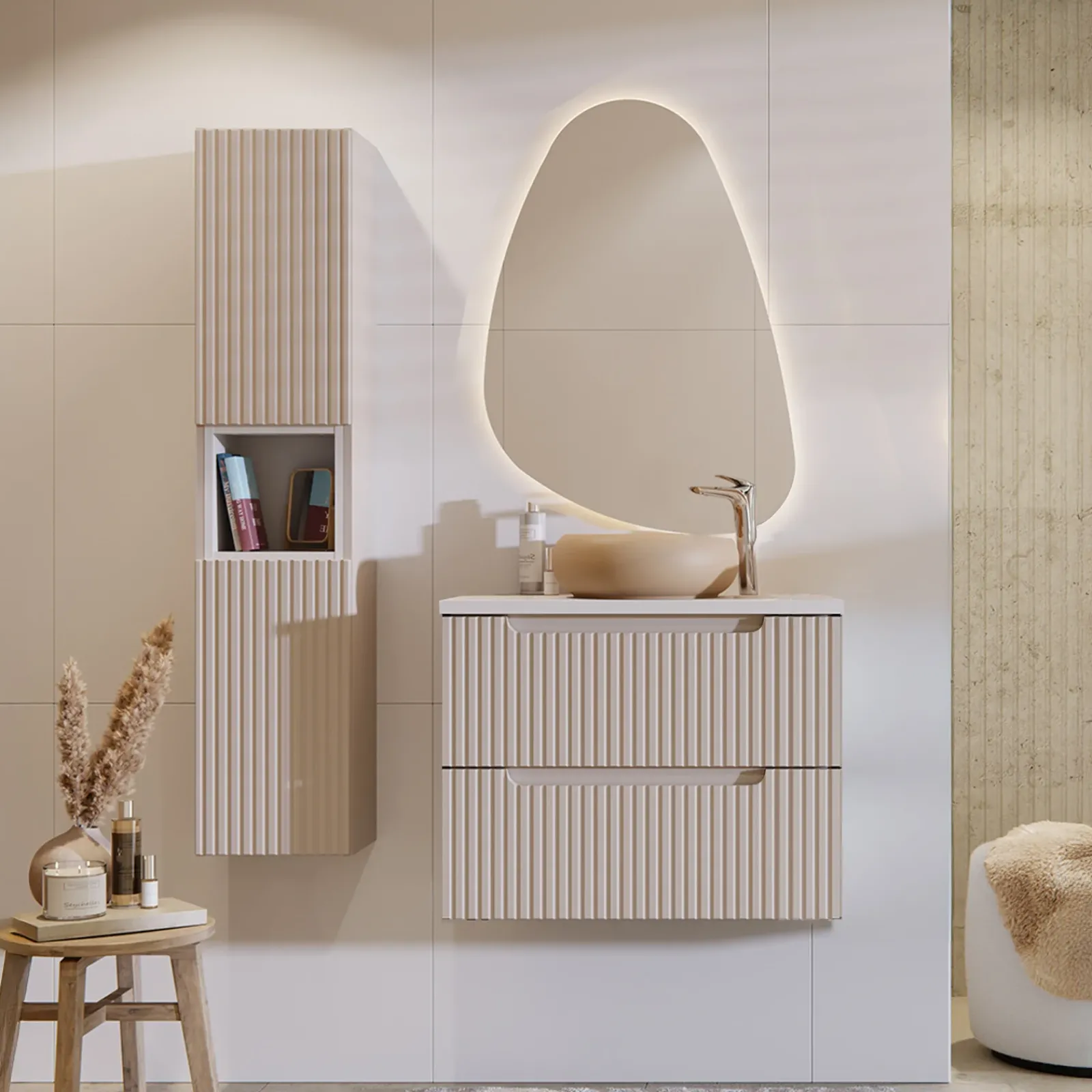 Garnero Arredamenti Mobile Bagno Sospeso-Mobile bagno sospeso cannettato 80cm con lavabo e colonna bianco Cleany Beige