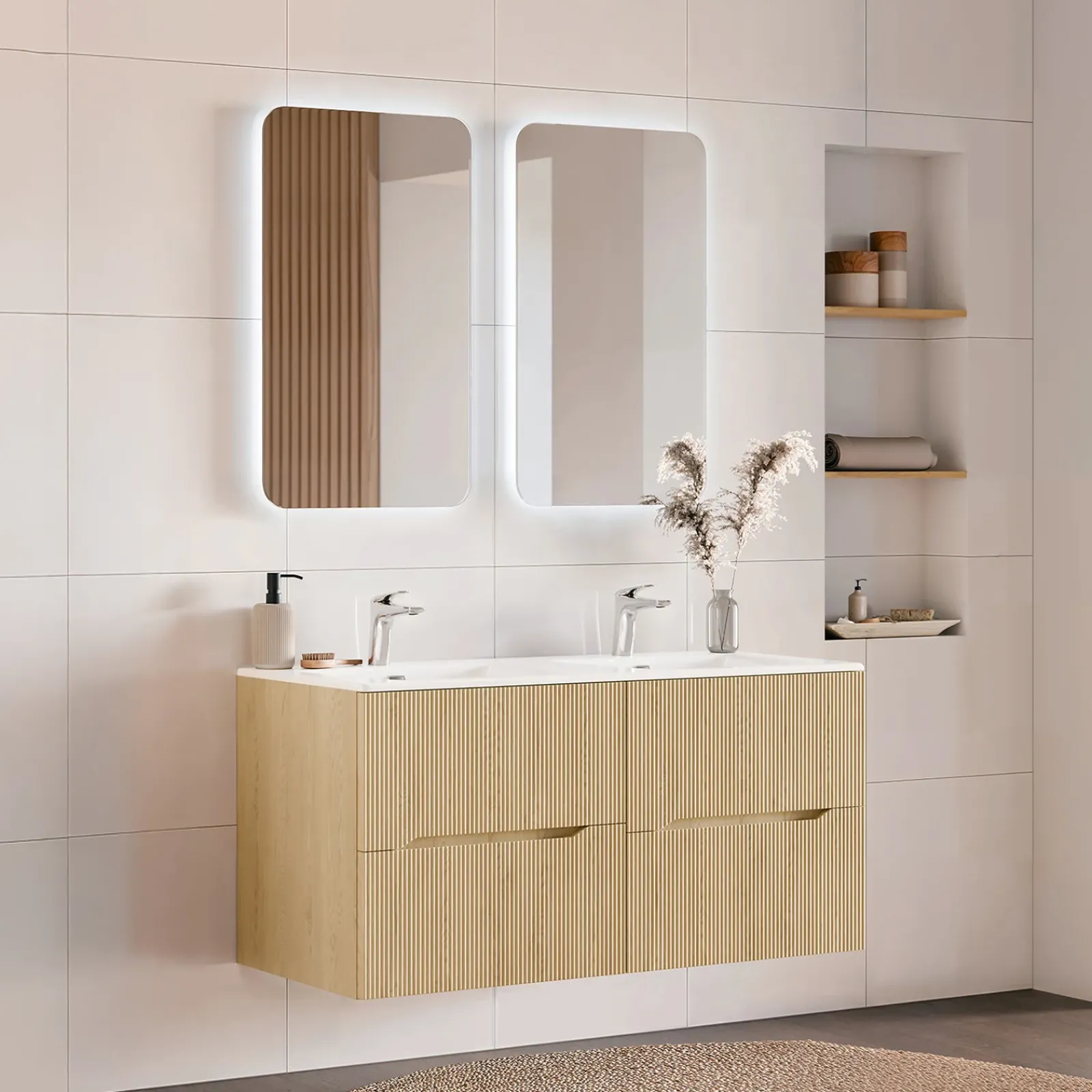 Garnero Arredamenti Mobile Bagno Sospeso-Mobile bagno sospeso cannettato 120cm con doppio lavabo rovere Pretty