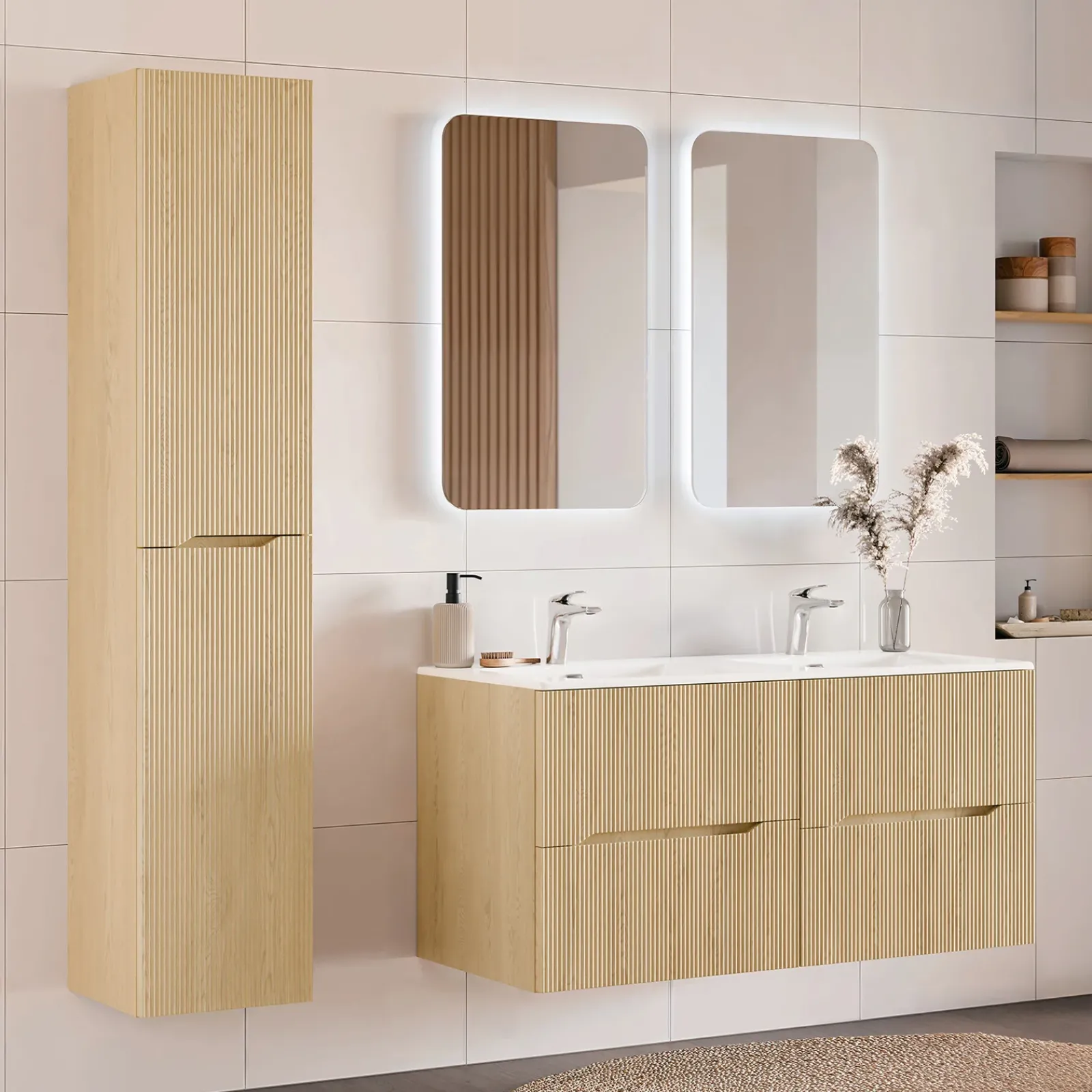 Garnero Arredamenti Mobile Bagno Sospeso-Mobile bagno sospeso cannettato 120cm con doppio lavabo rovere Pretty