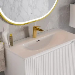 Garnero Arredamenti Mobile Bagno Sospeso-Mobile bagno sospeso cannettato 80cm con lavabo, colonna e 3 pensili bianco rovere Cleany