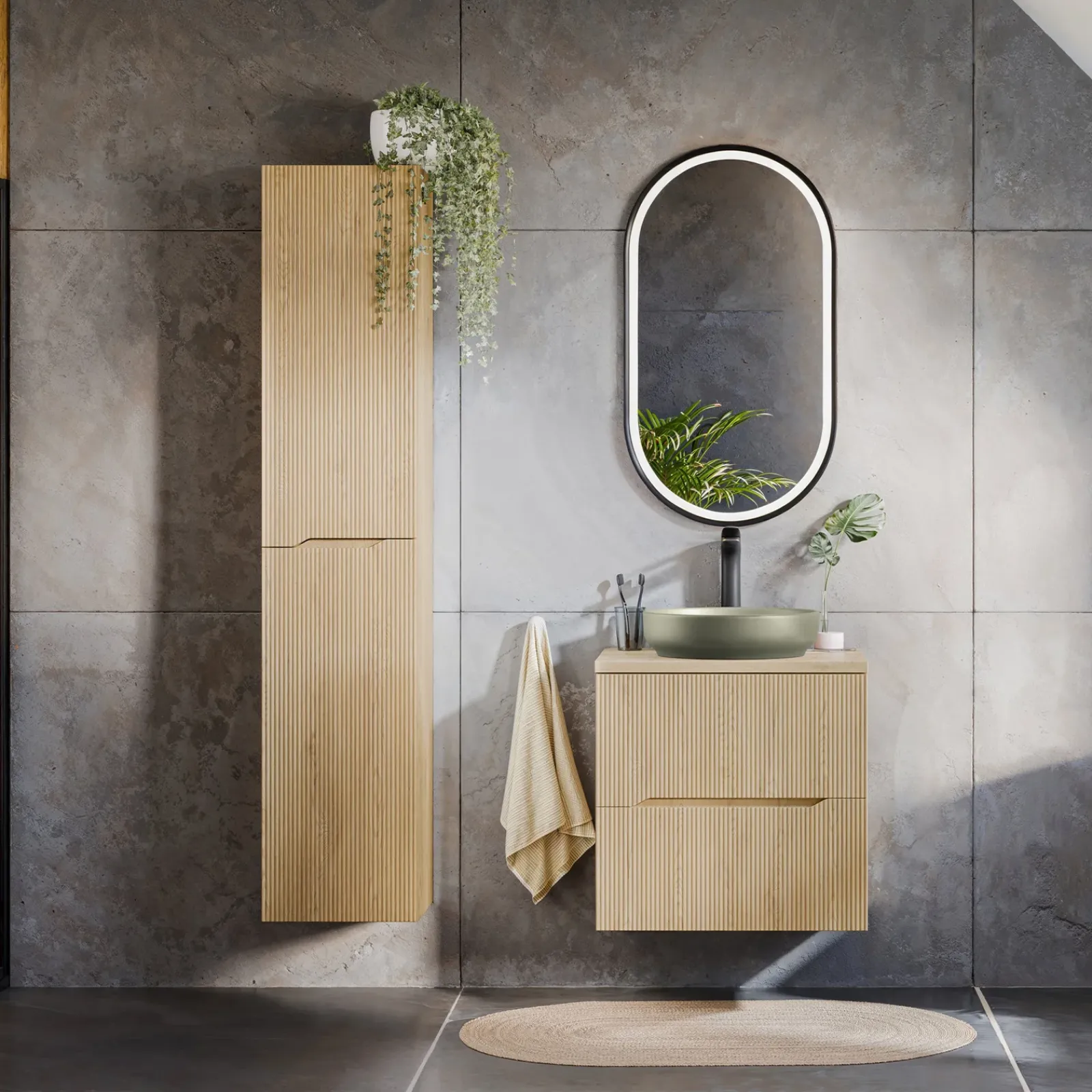 Garnero Arredamenti Mobile Bagno Sospeso-Mobile bagno sospeso cannettato 60cm con colonna rovere Pretty