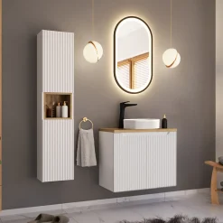 Garnero Arredamenti Mobile Bagno Sospeso-Mobile bagno sospeso cannettato 80cm con lavabo e colonna bianco rovere Cleany