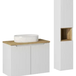 Garnero Arredamenti Mobile Bagno Sospeso-Mobile bagno sospeso cannettato 80cm con lavabo e colonna bianco rovere Cleany