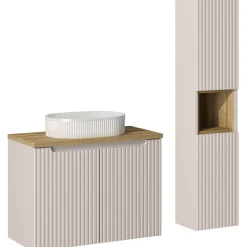 Garnero Arredamenti Mobile Bagno Sospeso-Mobile bagno sospeso cannettato 80cm con lavabo e colonna beige rovere Cleany