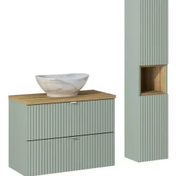 Garnero Arredamenti Mobile Bagno Sospeso-Mobile bagno sospeso cannettato 80cm con lavabo e colonna verde salvia rovere Greeny