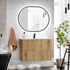 Garnero Arredamenti Mobile Bagno Sospeso-Mobile bagno sospeso 80cm 2 cassetti con lavabo rovere Rovery
