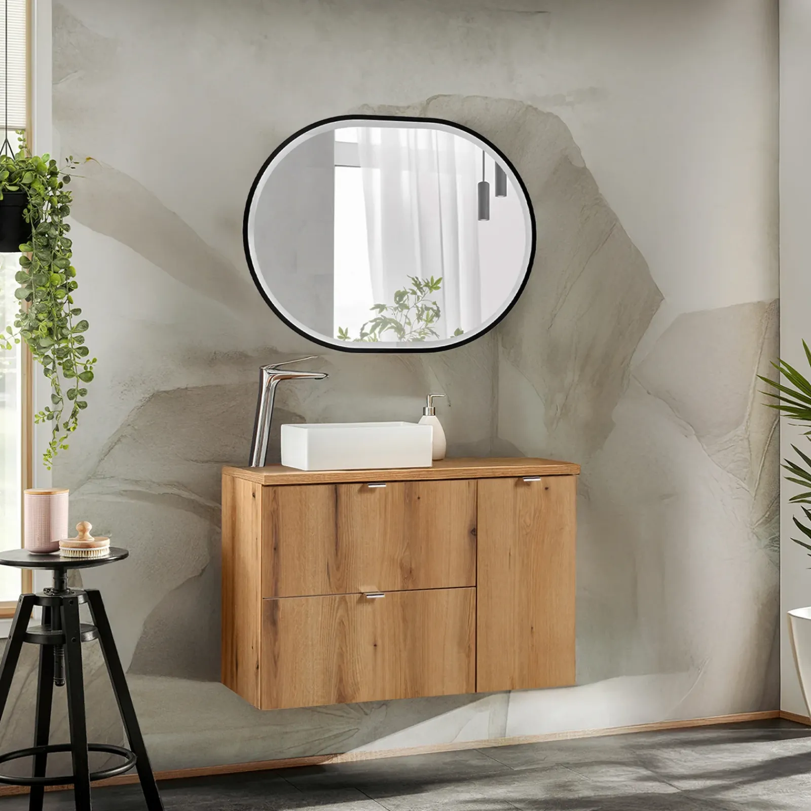 Garnero Arredamenti Mobile Bagno Sospeso-Mobile bagno sospeso 90cm 2 cassetti 1 anta Rovery Rovere