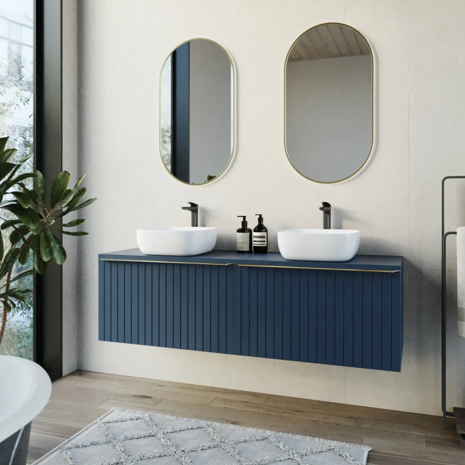 Garnero Arredamenti Mobile Bagno Sospeso-Mobile bagno sospeso 160cm 2 cassettoni e 2 cassetti attrezzati cannettato blu Deep