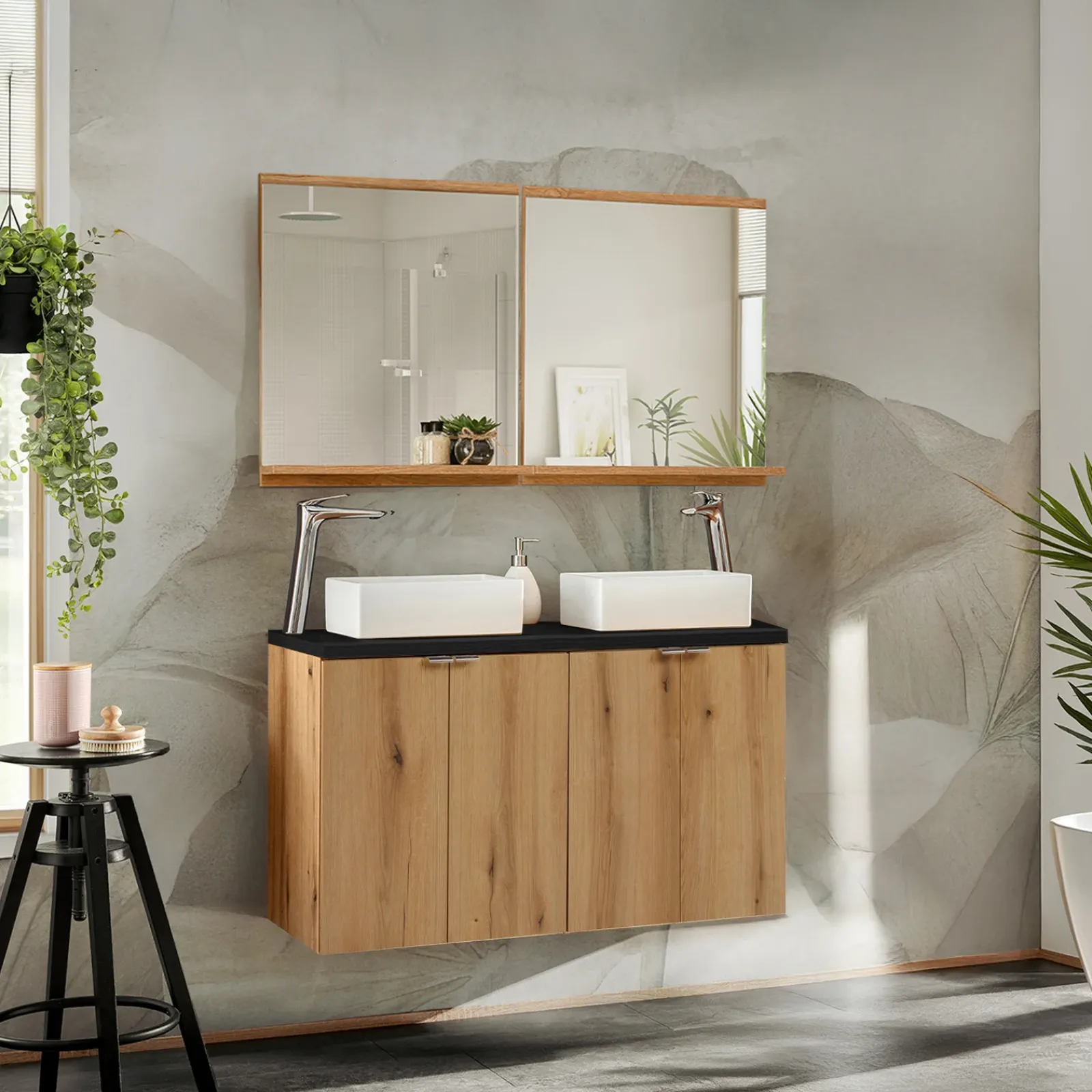 Garnero Arredamenti Mobile Bagno Sospeso-Mobile bagno sospeso 100cm 4 ante rovere nero Rovery Rovere - Nero