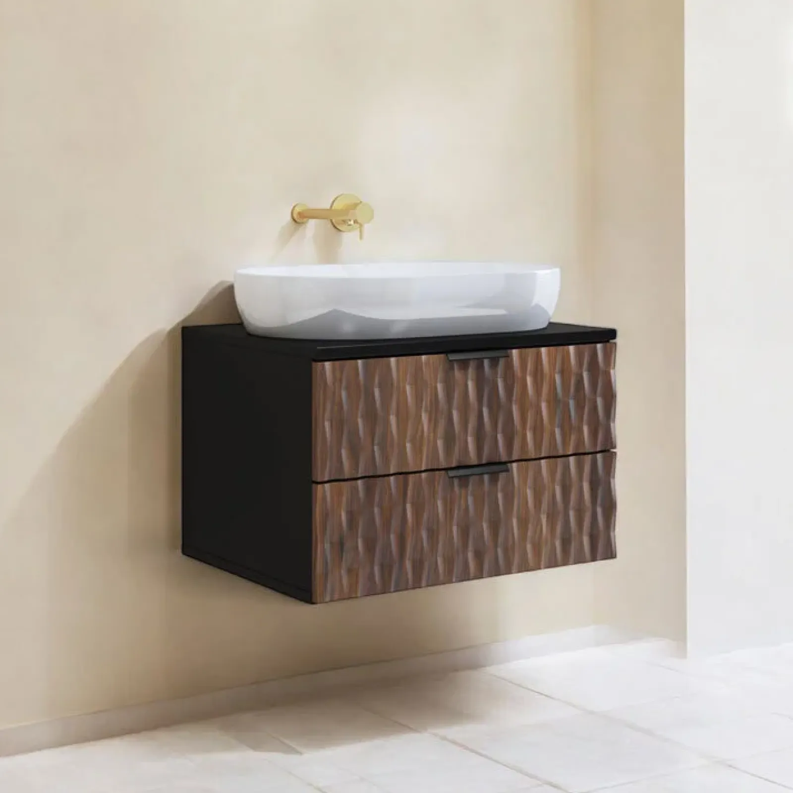 Garnero Arredamenti Mobile Bagno Sospeso-Mobile bagno sospeso 64cm 2 cassetti nero frontali noce decorati Silvy
