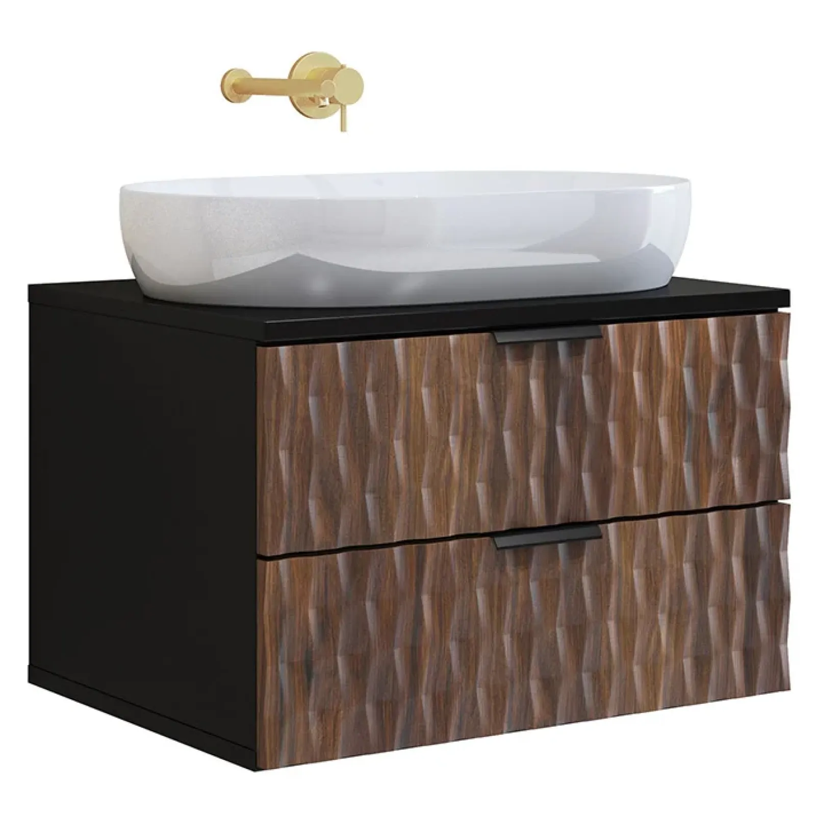 Garnero Arredamenti Mobile Bagno Sospeso-Mobile bagno sospeso 64cm 2 cassetti nero frontali noce decorati Silvy