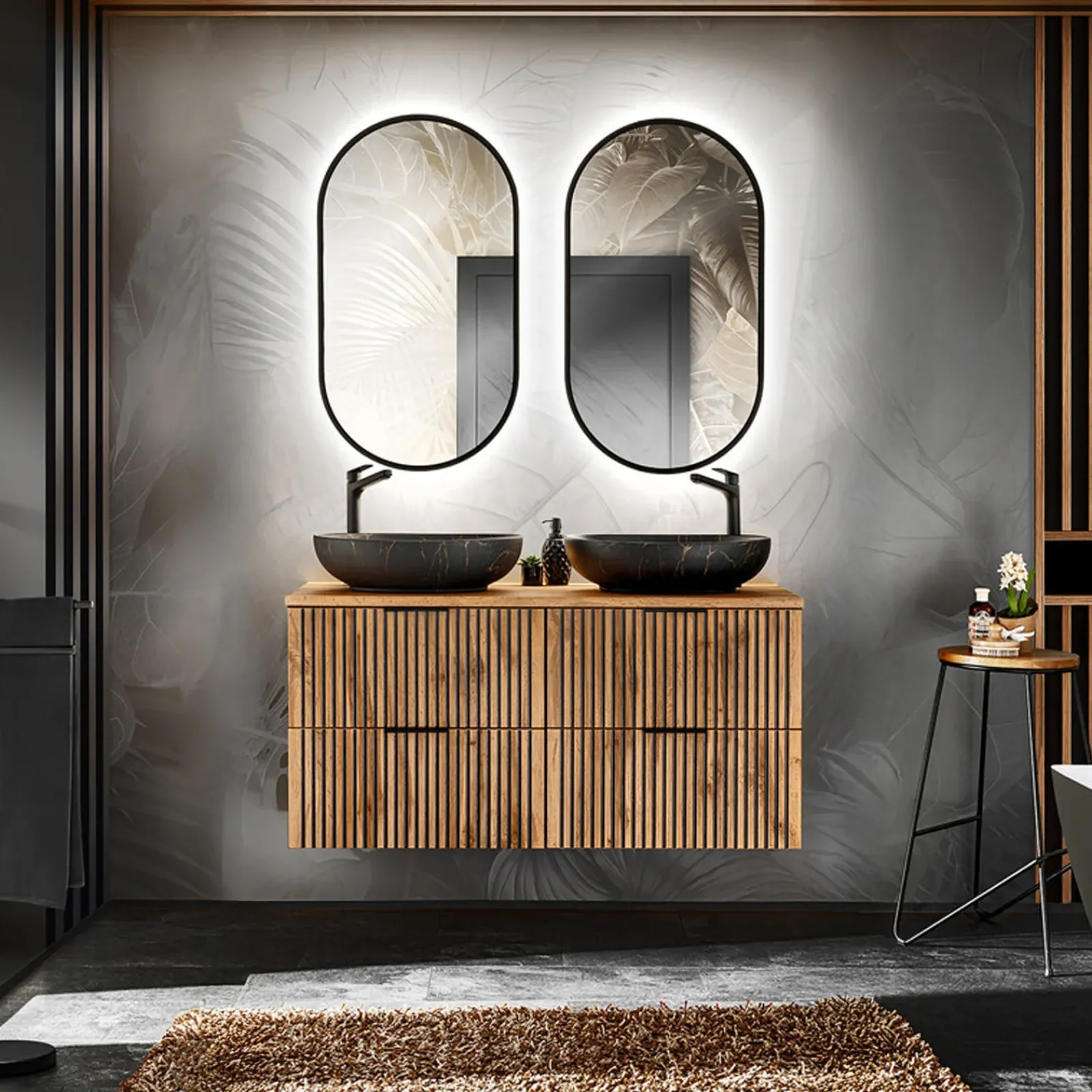 Garnero Arredamenti Mobile Bagno Sospeso-Mobile bagno sospeso 120cm 4 cassetti cannettato quercia antracite Limpid