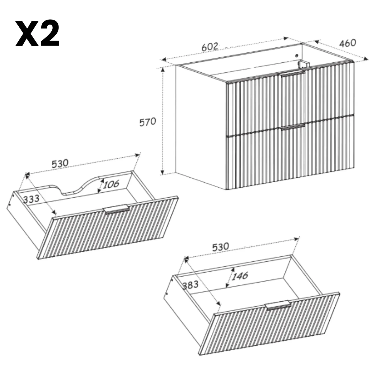 Garnero Arredamenti Mobile Bagno Sospeso-Mobile bagno sospeso 120cm 4 cassetti cannettato quercia antracite Limpid