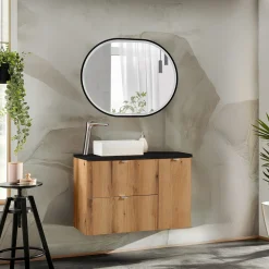 Garnero Arredamenti Mobile Bagno Sospeso-Mobile bagno sospeso 90cm 2 cassetti 1 anta rovere nero Rovery Rovere - Nero