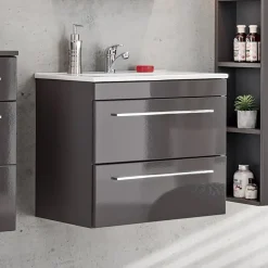 Garnero Arredamenti Mobile Bagno Sospeso-Mobile bagno sospeso 60cm 2 cassetti grigio lucido Zadar