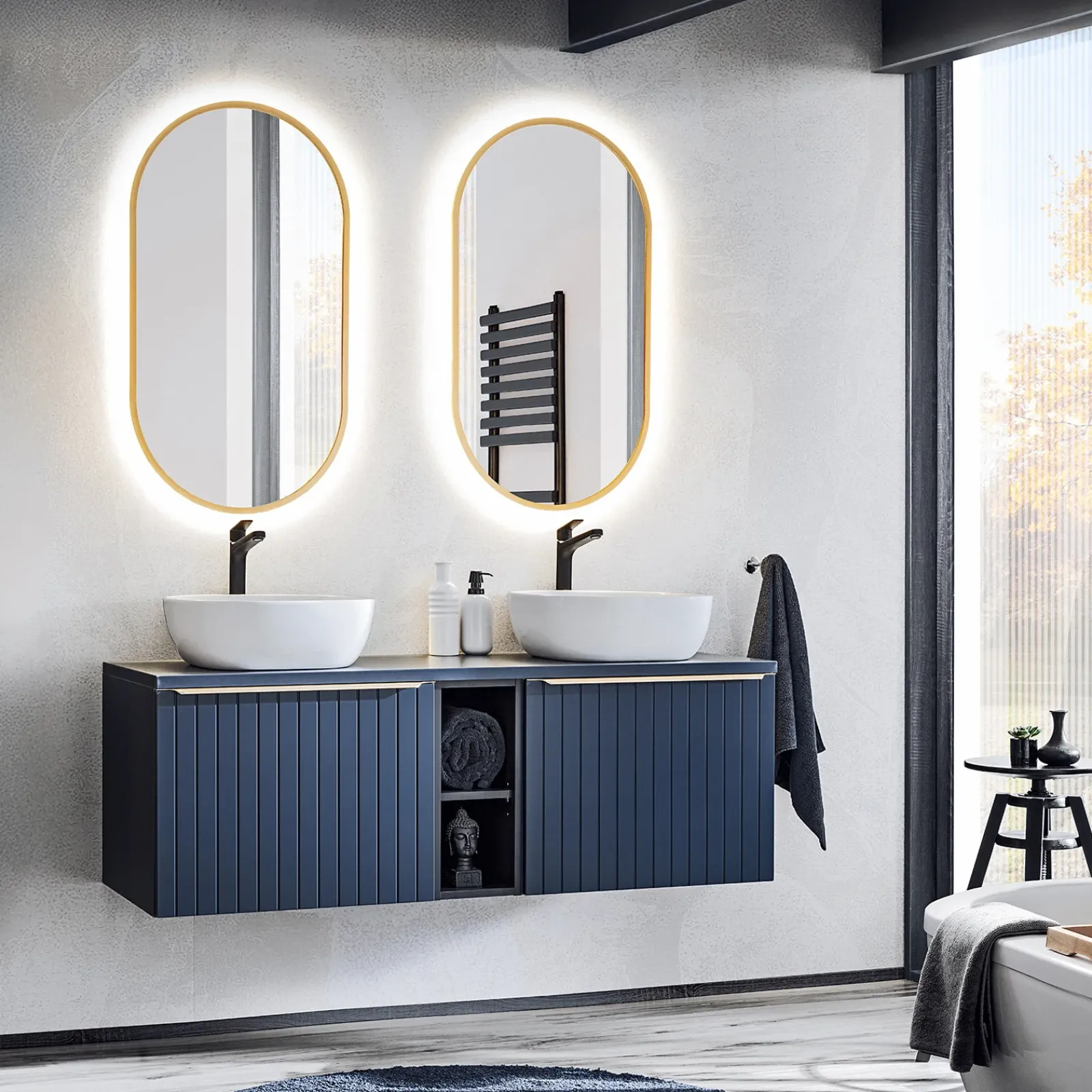 Garnero Arredamenti Mobile Bagno Sospeso-Mobile bagno sospeso 180cm 2 cassettoni e 2 cassetti attrezzati cannettato blu Deep
