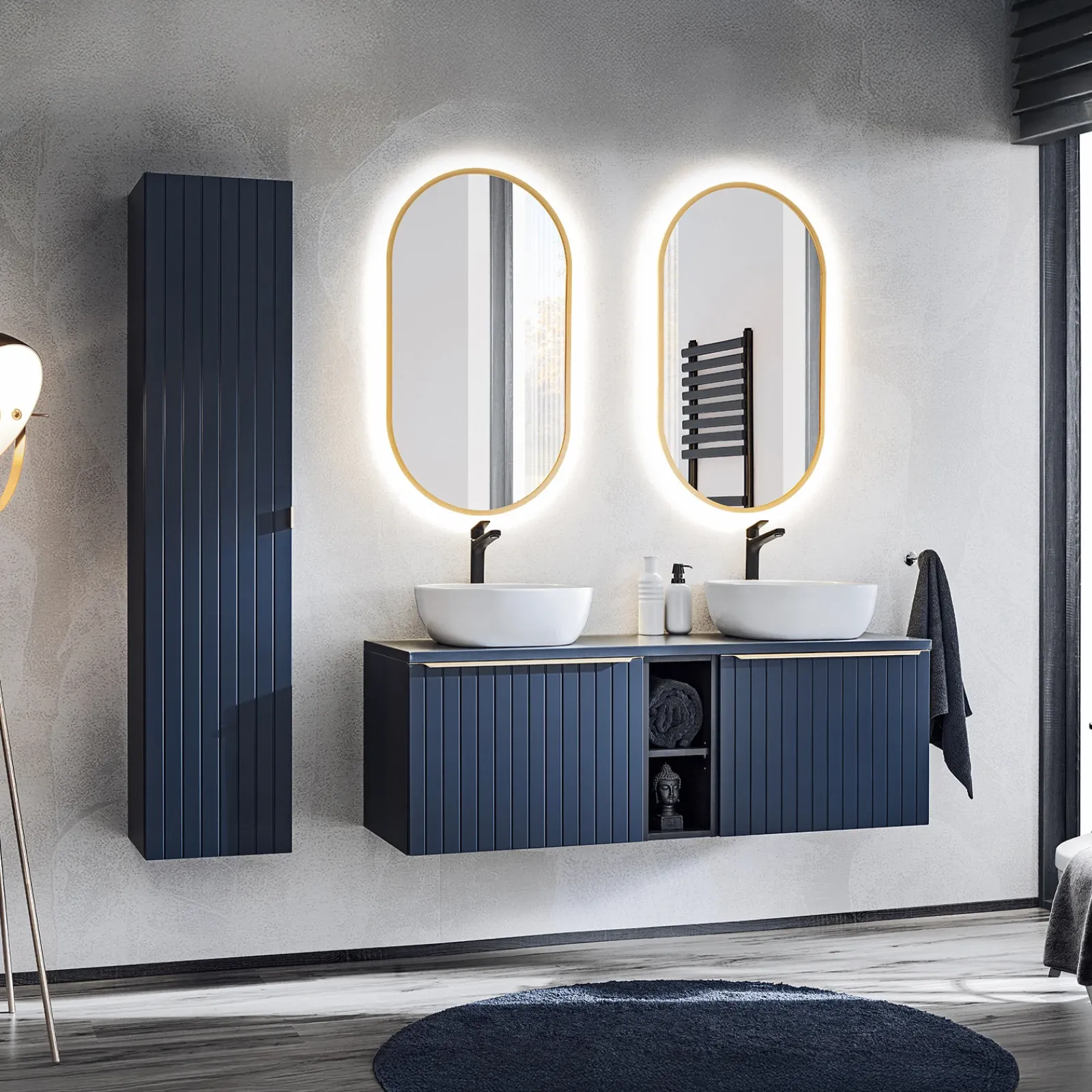 Garnero Arredamenti Mobile Bagno Sospeso-Mobile bagno sospeso 180cm 2 cassettoni e 2 cassetti attrezzati cannettato blu Deep