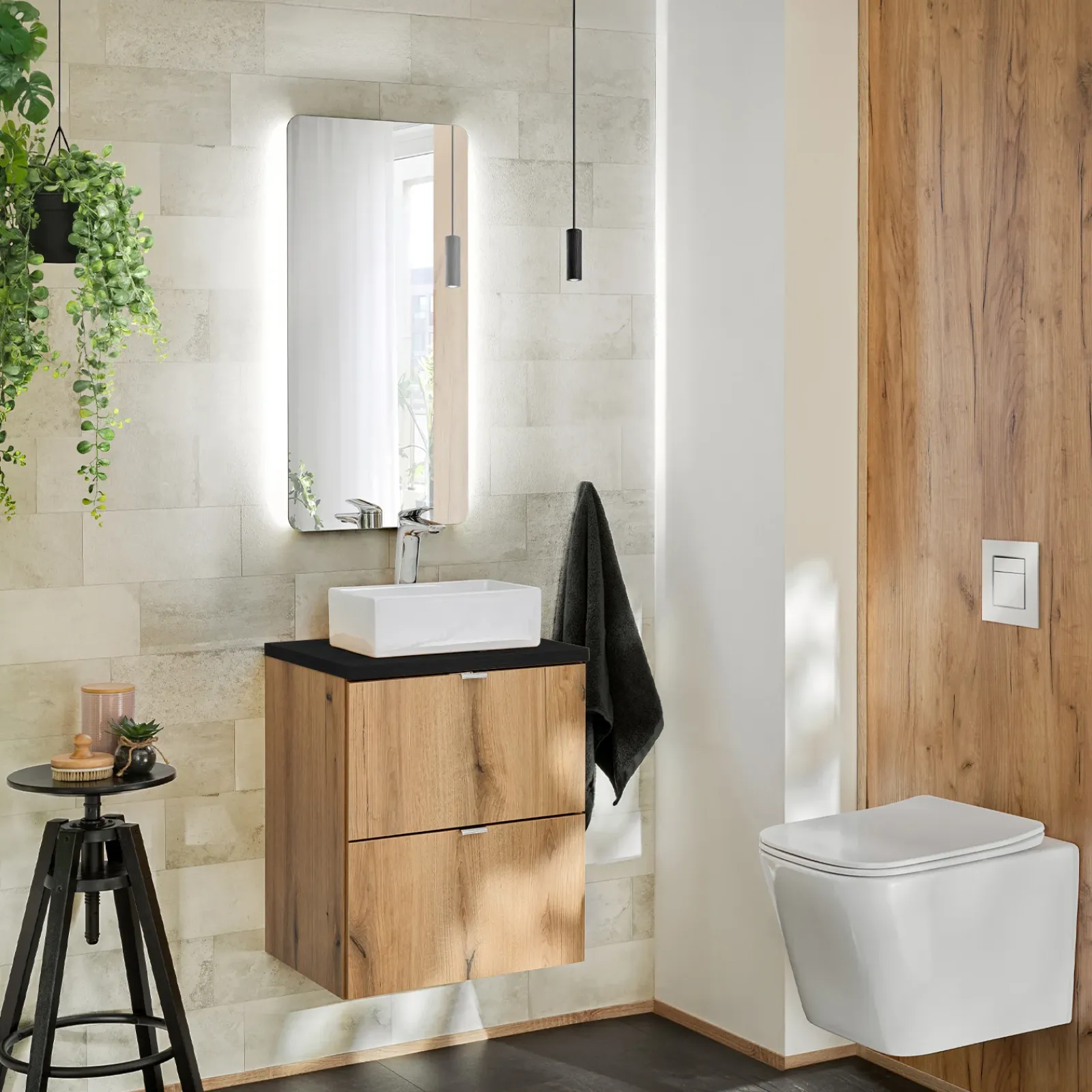 Garnero Arredamenti Mobile Bagno Sospeso-Mobile bagno sospeso 50cm 2 cassetti rovere nero Rovery Rovere - Nero