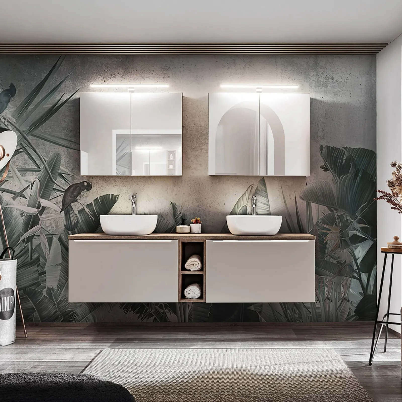 Garnero Arredamenti Mobile Bagno Sospeso-Mobile bagno sospeso 180cm 2 cassettoni e 2 cassetti attrezzati e 2 vani grigio quercia Serif