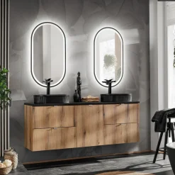 Garnero Arredamenti Mobile Bagno Sospeso-Mobile bagno sospeso 140cm 4 cassetti e portabiancheria rovere nero Rovery Rovere - Nero