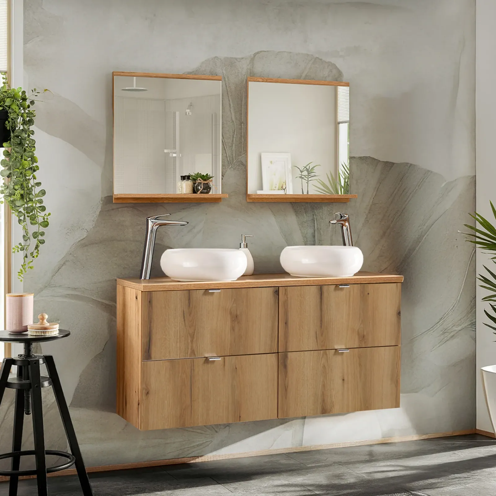 Garnero Arredamenti Mobile Bagno Sospeso-Mobile bagno sospeso 120cm 4 cassetti Rovery Rovere