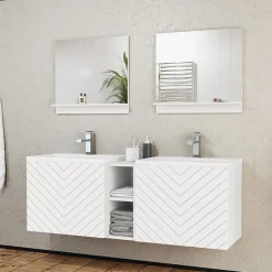 Garnero Arredamenti Mobile Bagno Sospeso-Mobile bagno sospeso 143cm con doppio lavabo e specchio serigrafato bianco Baden 6 Bianco Lucido
