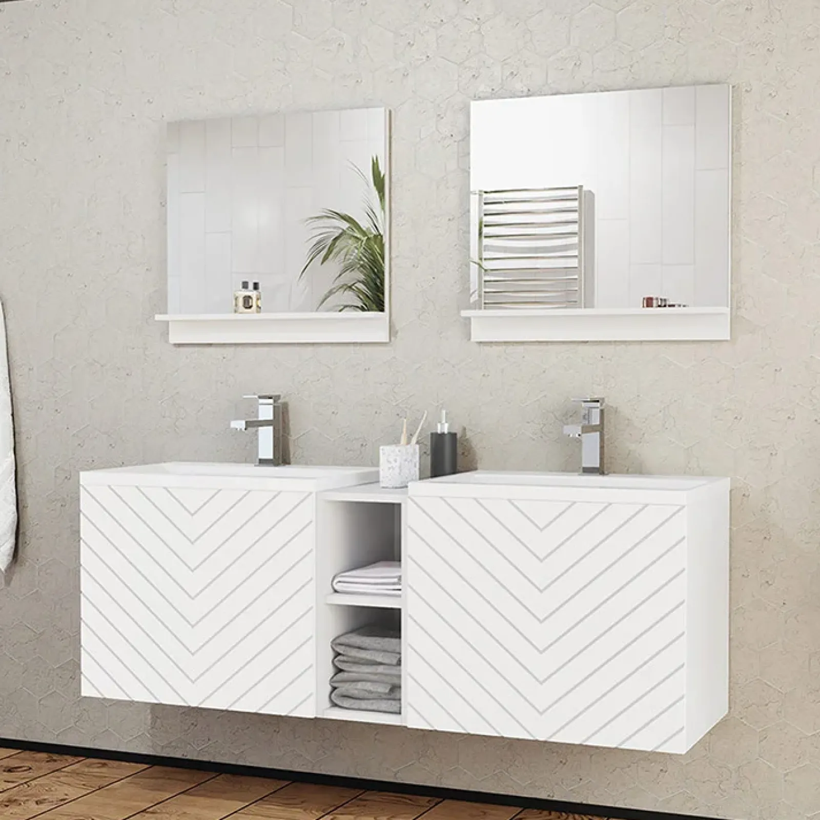 Garnero Arredamenti Mobile Bagno Sospeso-Mobile bagno sospeso 143cm con doppio lavabo e specchio serigrafato bianco Baden 6 Bianco Lucido