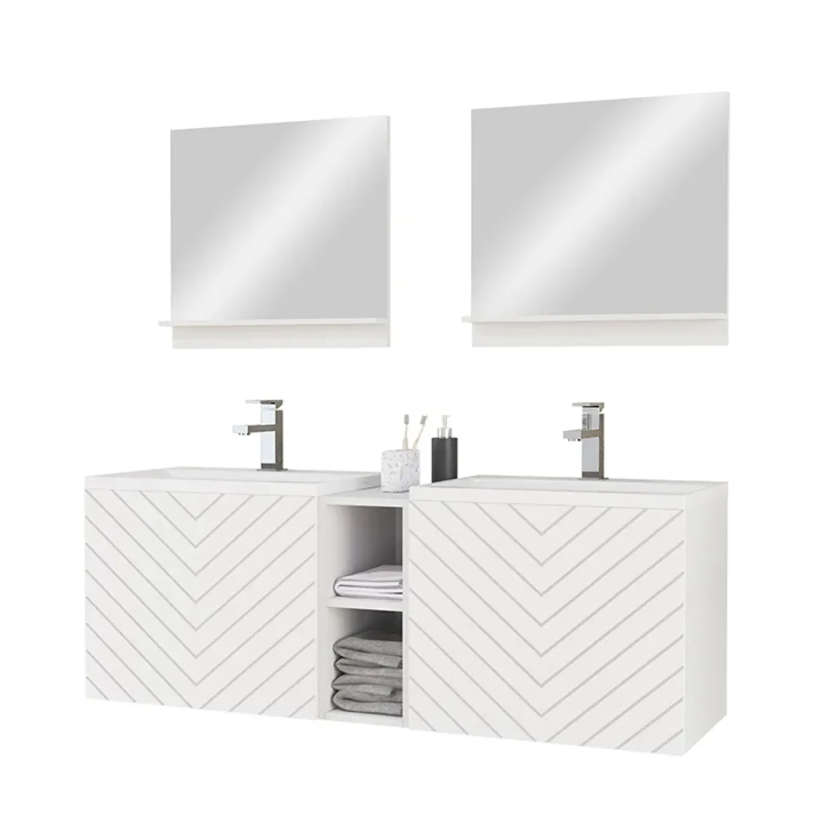 Garnero Arredamenti Mobile Bagno Sospeso-Mobile bagno sospeso 143cm con doppio lavabo e specchio serigrafato bianco Baden 6 Bianco Lucido