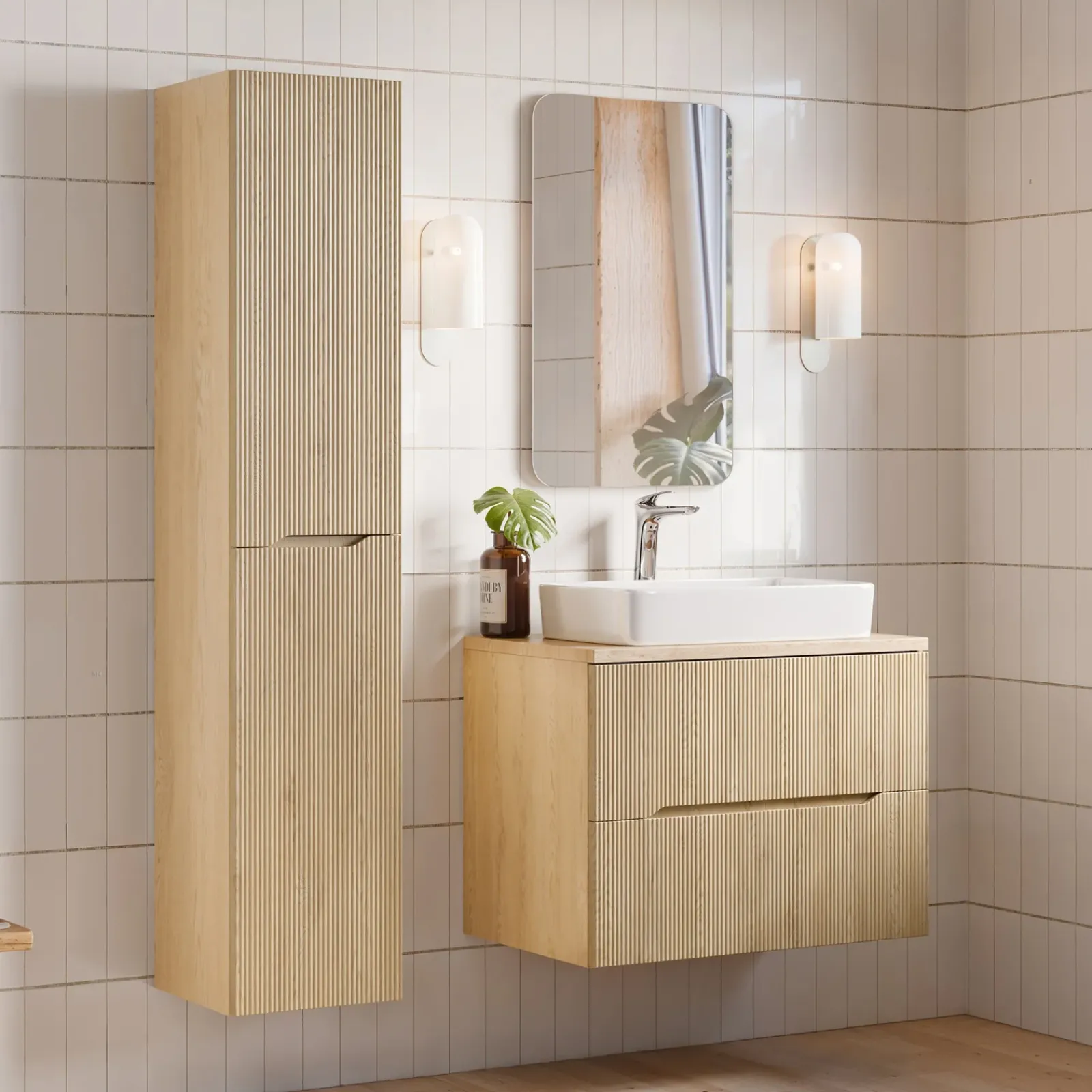 Garnero Arredamenti Mobile Bagno Sospeso-Mobile bagno sospeso 80cm cannettato 2 cassetti rovere Pretty