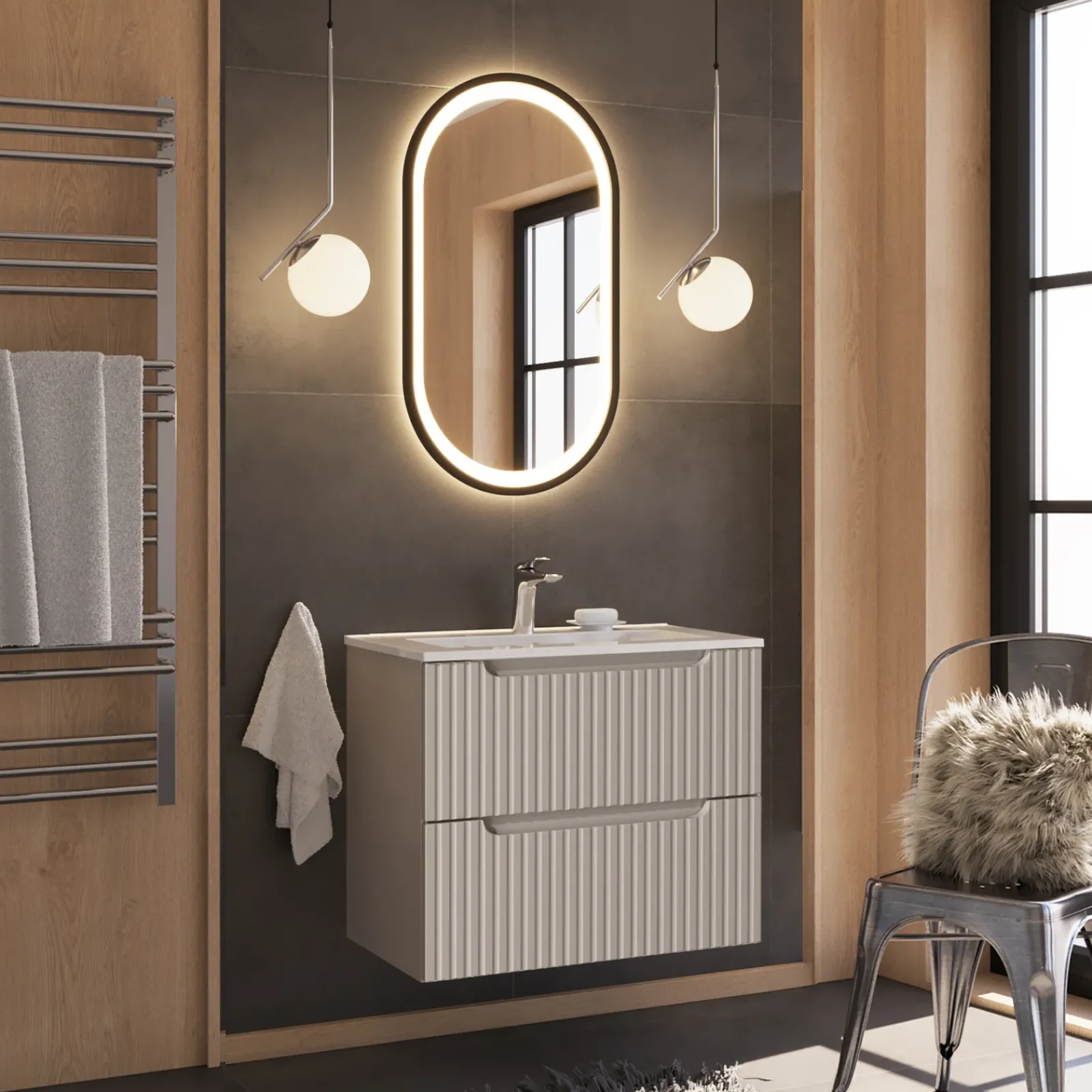 Garnero Arredamenti Mobile Bagno Sospeso-Mobile bagno sospeso 80cm cannettato con lavabo 2 cassetti Cleany Beige