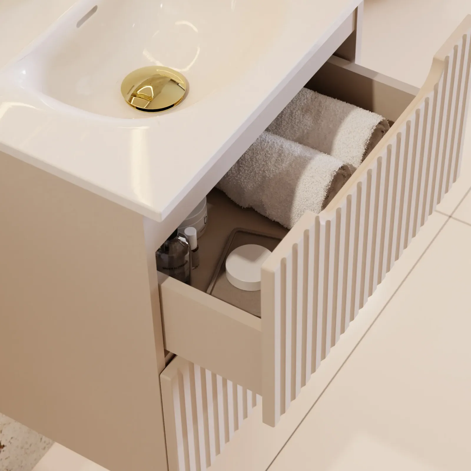 Garnero Arredamenti Mobile Bagno Sospeso-Mobile bagno sospeso 80cm cannettato con lavabo 2 cassetti Cleany Beige