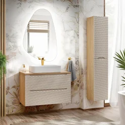 Garnero Arredamenti Mobile Bagno Sospeso-Mobile bagno sospeso 80cm con lavabo, specchio e colonna beige rovere Swim