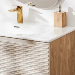 Garnero Arredamenti Mobile Bagno Sospeso-Mobile bagno sospeso 80cm con lavabo, specchio e colonna beige rovere Swim