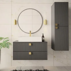 Garnero Arredamenti Mobile Bagno Sospeso-Mobile bagno sospeso 80cm con colonna 2 cassetti grigio Bursa 2 Grigio - Oro