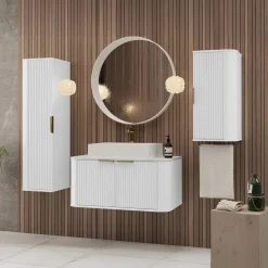 Garnero Arredamenti Mobile Bagno Sospeso-Mobile bagno sospeso 90cm con lavabo, colonna e pensile cannettato bianco Lusso