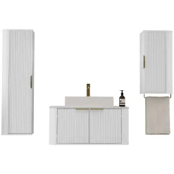 Garnero Arredamenti Mobile Bagno Sospeso-Mobile bagno sospeso 90cm con lavabo, colonna e pensile cannettato bianco Lusso