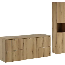 Garnero Arredamenti Mobile Bagno Sospeso-Mobile bagno sospeso 140cm con portabiancheria e colonna rovere Rovery