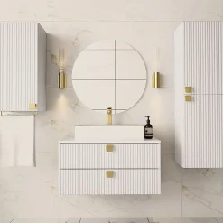 Garnero Arredamenti Mobile Bagno Sospeso-Mobile bagno sospeso 80cm con colonna e pensile maniglie oro bianco Bursa Bianco Lucido - Oro