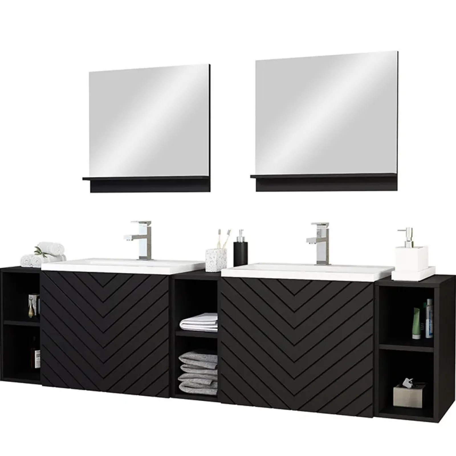 Garnero Arredamenti Mobile Bagno Sospeso-Mobile bagno sospeso 190cm con doppio lavabo e specchi serigrafato nero Baden 4 Nero Opaco