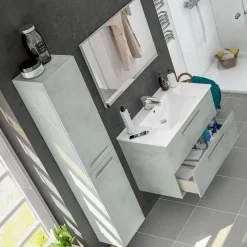 Garnero Arredamenti Mobile Bagno Sospeso-Mobile bagno sospeso 80cm con lavabo, specchio e colonna cemento bianco Oscar