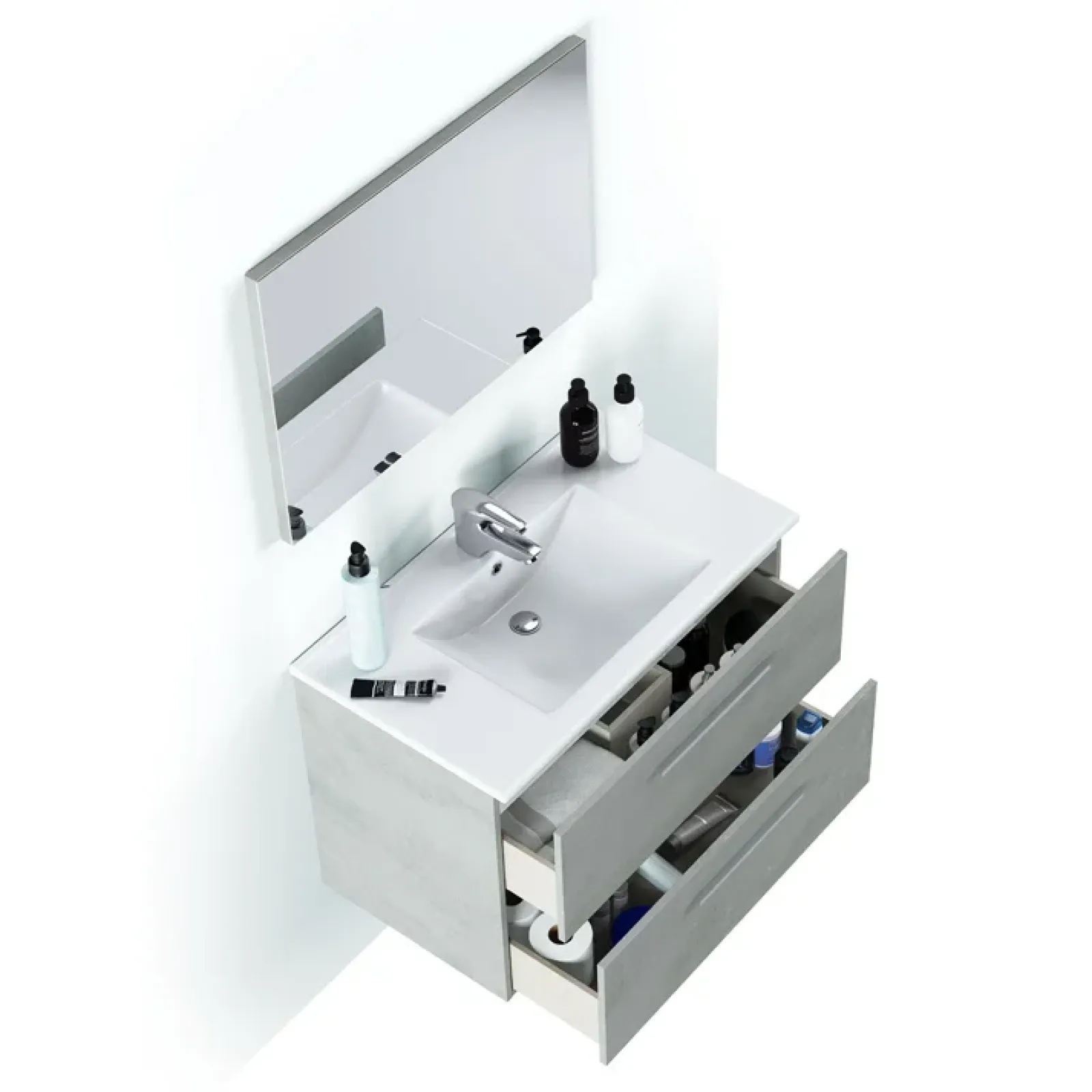 Garnero Arredamenti Mobile Bagno Sospeso-Mobile bagno sospeso 80cm con lavabo, specchio e colonna cemento bianco Oscar