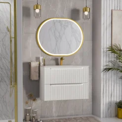 Garnero Arredamenti Mobile Bagno Sospeso-Mobile bagno sospeso 80cm cannettato con lavabo 2 cassetti bianco Cleany Bianco Opaco