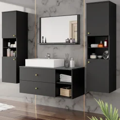 Garnero Arredamenti Mobile Bagno Sospeso-Mobile bagno sospeso 100cm con lavabo, specchio e 2 colonne nero Krom Nero Opaco
