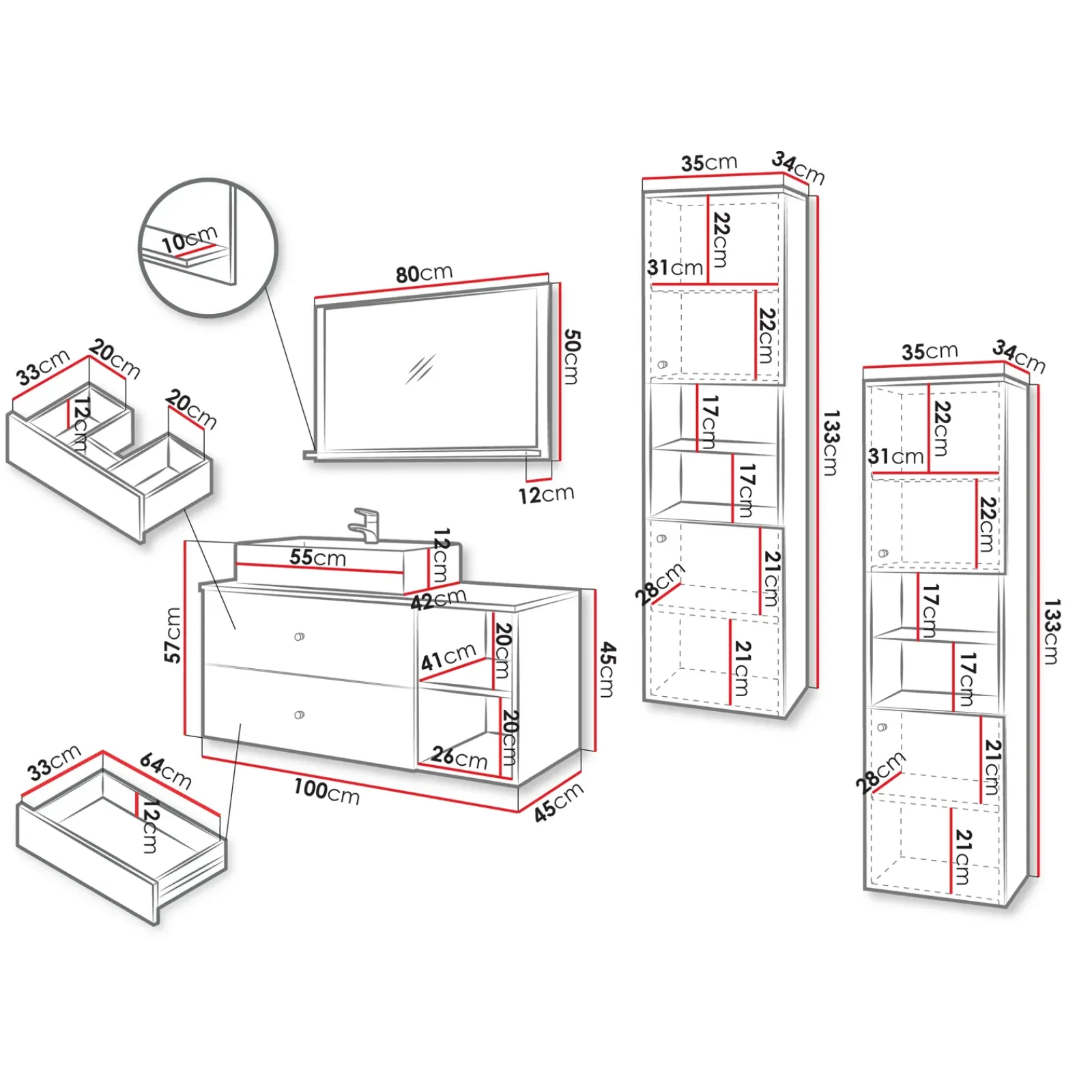 Garnero Arredamenti Mobile Bagno Sospeso-Mobile bagno sospeso 100cm con lavabo, specchio e 2 colonne nero Krom Nero Opaco