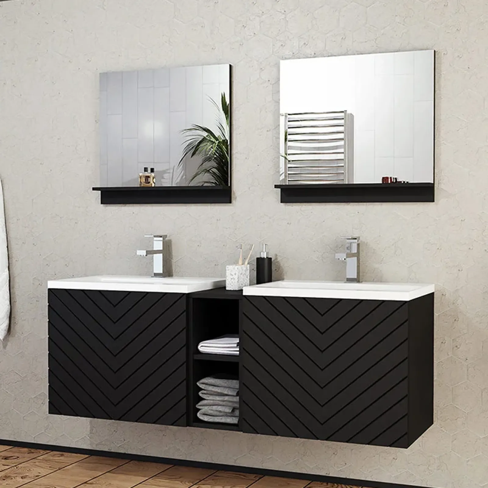 Garnero Arredamenti Mobile Bagno Sospeso-Mobile bagno sospeso 143cm con doppio lavabo e specchio serigrafato nero Baden 6 Nero Lucido