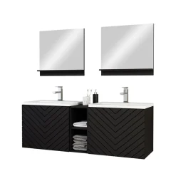 Garnero Arredamenti Mobile Bagno Sospeso-Mobile bagno sospeso 143cm con doppio lavabo e specchio serigrafato nero Baden 6 Nero Lucido