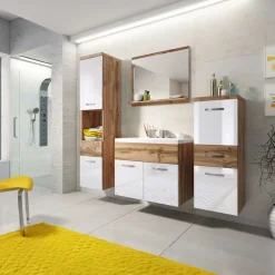 Garnero Arredamenti Mobile Bagno Sospeso-Mobile bagno sospeso 60cm con lavabo, specchio e colonne bianco rovere Loretta Bianco Lucido - Rovere Rustico